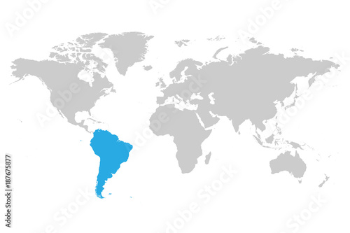 Fotografía South America continent blue marked in grey silhouette of World map