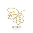 Vector one line logo icon or emblem with golden honeybee and honeycombs. Abstract modern design template. Outline bee illustration. Concept for honey package design.