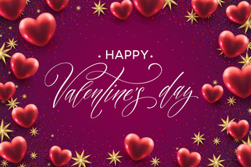 Wall Mural - Happy valentines day lettering with red hearts balloon background. Vector illustration