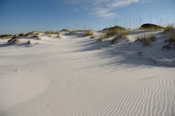 Pristine white sand beach and sand dunes with beach grass on Okaloosa Island, Florida, USA.