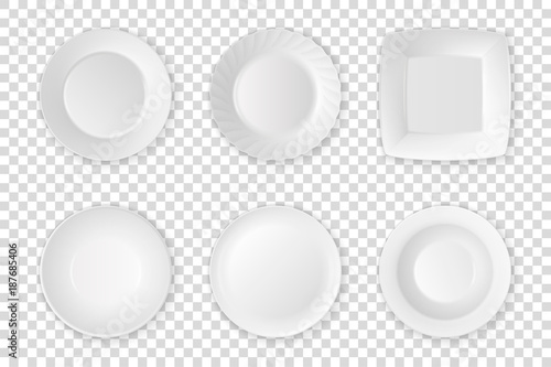 Realistic Vector White Food Empty Plate Icon Set Closeup Isolated