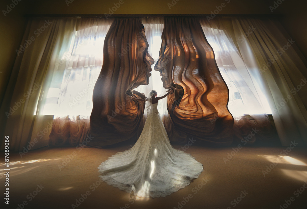 Bride opens brown curtains standing before bright window. Silhouettes of faces of a couple in love. Advertising curtains. Fantasy. Creative. The concept. Surrealism, mysticism. - obrazy, fototapety, plakaty 