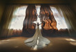 Bride opens brown curtains standing before bright window. Silhouettes of faces of a couple in love. Advertising curtains. Fantasy. Creative. The concept. Surrealism, mysticism.