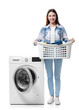 © Africa Studio - Young woman doing laundry on white background