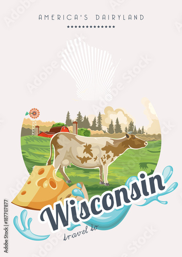 Wisconsin Vector Illustration American Dairy Country Travel Postcard Of United States Us Background Buy This Stock Vector And Explore Similar Vectors At Adobe Stock Adobe Stock
