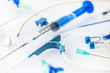 Close up image of syringe ,needle and central venous pressure catheter measurement kit