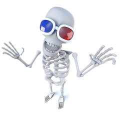 Canvas Print - 3d Funny cartoon skeleton wearing 3d glasses at the movies