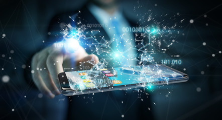 Businessman using digital binary code on mobile phone 3D rendering