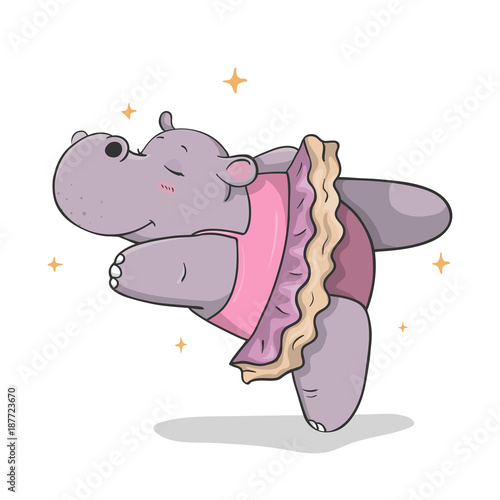 colorful hand drawn cartoon hippo dancing ballet in a tutu isolated on