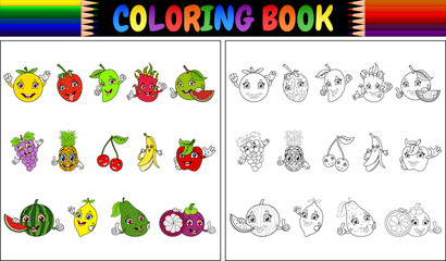 Poster - coloring book with cute cartoon fruits