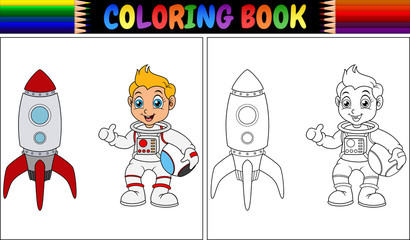 Canvas Print - Coloring book with astronaut kid and rocket ship