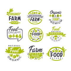 Sticker - Creative hand drawn gray and green design of organic food logo set. Fresh farm products. Labels for shop or market. Vector collection