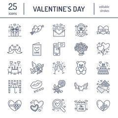 Valentines day flat line icons. Love, romance symbols - hearts, engagement ring, wedding cake, Cupid, romantic date, valentine card, doves kiss. Thin linear signs for february 14 celebration.