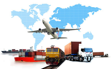 Transportation, import-export and logistics concept, container truck, ship in port and freight cargo plane in transport and import-export commercial logistic, shipping business industry