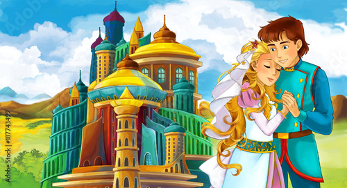 Plakaty do pokoju dziecka cartoon-scene-with-young-married-couple-near-beautiful-castle-illustration-for-children