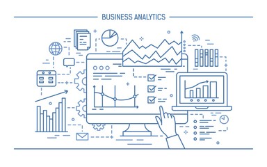 Hand pointing at computer screen or display with various diagrams, charts and graphs. Concept of statistical data analysis and business analytics. Monochrome vector illustration in line art style.