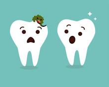 Tooth Decay Destroyed. Cute Cartoon Teeth Characters Vector. Dental Care Background. Healthy And Unhealthy Tooth.