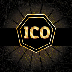 ICO and Bitcoin conceptual design and template. Initial coin offering concept vector illustration of golden letters ICO and Bitcoin set