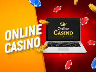 Wall Mural - Online casino banner with laptop coins and falling chips. Roulette luck money game. Online poker casino