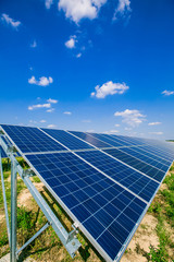 Solar panel on sky background. Photovoltaic power supply systems. Solar power plant. The source of ecological renewable energy.