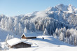 canvas print picture - Winter wonderland in Austrian Alps. Beautiful winter scenery with frozen trees and traditional alpine hut