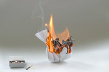 Crumpled Paper Burning In Fire And Matchbox . Burning White Paper Ball In Flame And Box Of Matches.