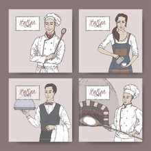 Set Of Four Color Italian Cafe Vintage Labels With Cook, Baker, Waiter And Barista Sketch.