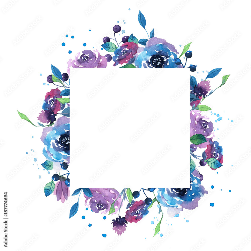 Watercolor frame with flowers, leaves and branches. Hand drawn ...