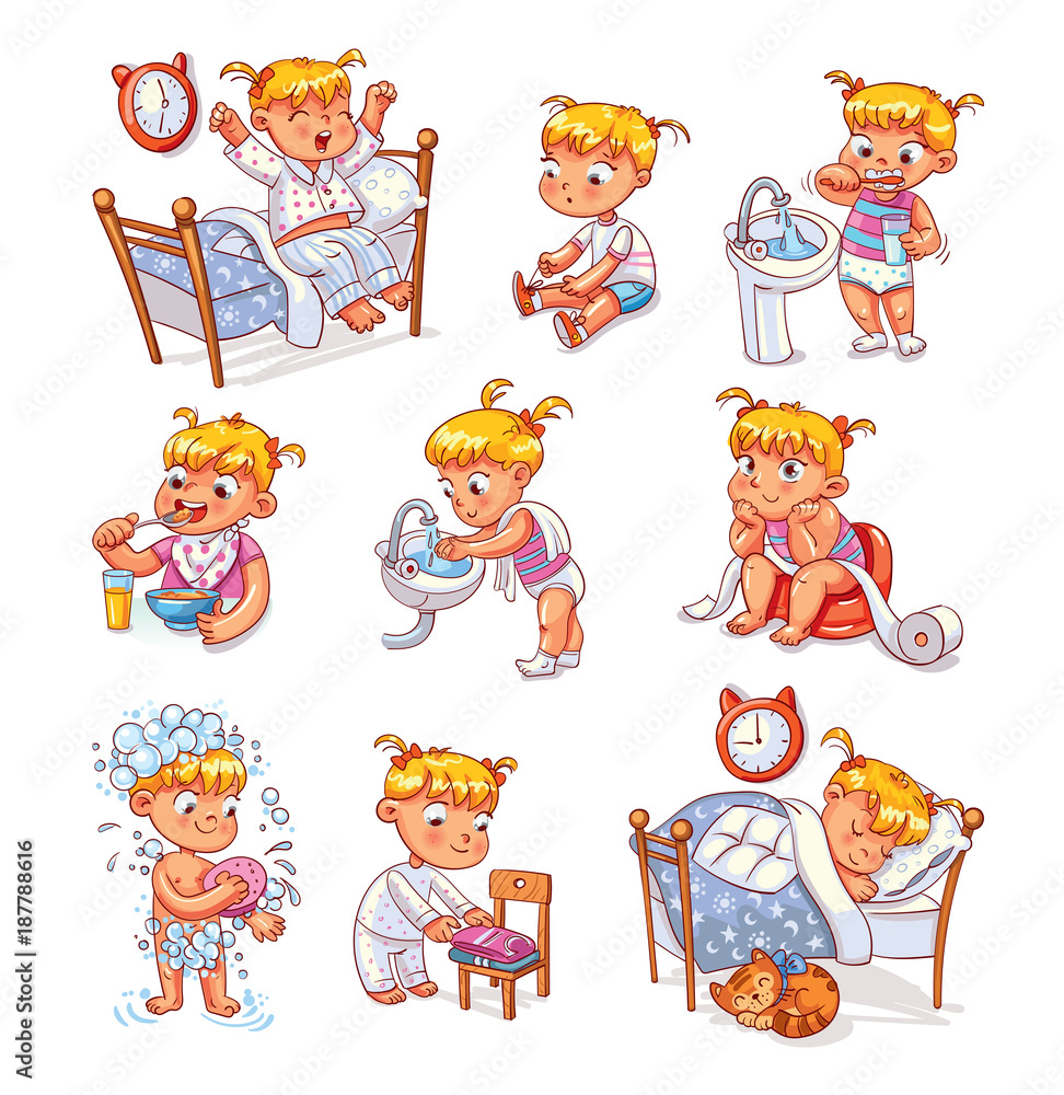 Stock-Vektorgrafik „Cartoon kid daily routine activities set“ | Adobe Stock