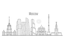 Moscow City Skyline - Towers And Landmarks Cityscape In Liner Style