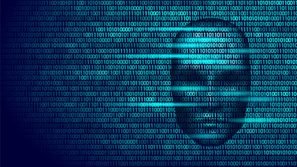 Wall Mural - Hacker artificial intelligence robot danger dark face. Cyborg binary code head shadow online hack alert personal data intellect mind virtual information vector illustration