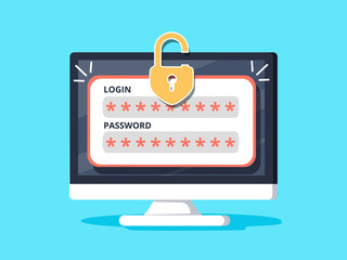 Desktop computer with unlocked password bubble notification, design of pc screen with open lock and password field