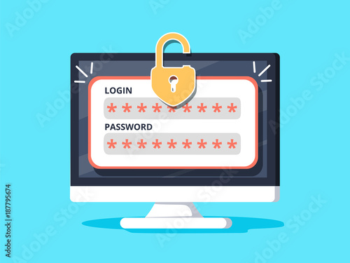Fotografía Desktop computer with unlocked password bubble notification, design of pc screen