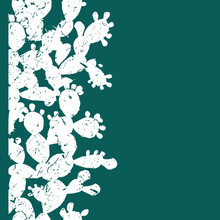 Vertical Vector Seamless Pattern With Grange Prickly Pear Cactus Leaves And Fruits. Simple Green And White Palette.