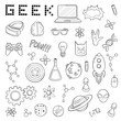 Set of cartoon doodle icons. Collection of symbols geek nerd gamer. Vector illustration, pattern, background, template for web design, print