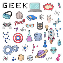Set Of Cartoon Doodle Icons. Collection Of Symbols Geek Nerd Gamer. Vector Illustration, Pattern, Background, Template For Web Design, Print