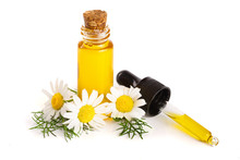 Bottle With Essential Oil And Fresh Chamomile Flowers Isolated On White Background