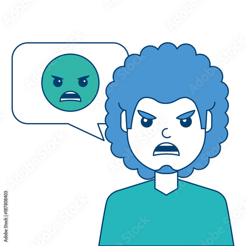 man with angry emoticon in speech bubble vector illustration blue and ...