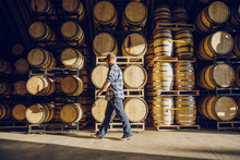 Caucasian Man Walking Near Barrels In Distillery