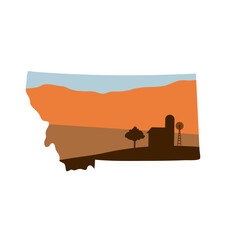 montana state shape with farm at sunset w windmill, barn, and a tree