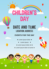 Children's day Poster invitation vector illustration. Group of kids holding hands.