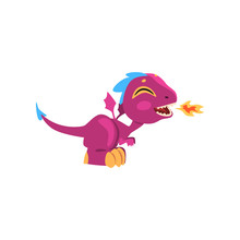 Funny Fire-breathing Dragon With Long Tail, Short Paws And Blue Mohawk On Head. Side View. Flat Vector Design For Mobile Game, Kids Poster Or Network Sticker