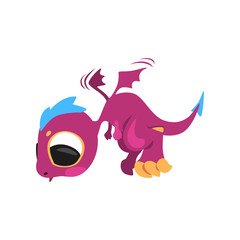 Wall Mural - Cute baby dragon in flying action. Mythical purple monster with big eyes and little wings. Fantastic cartoon character. Flat vector design for mobile or computer game