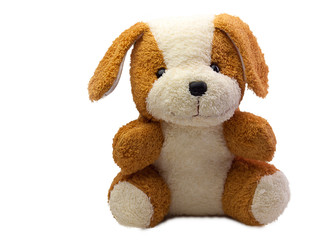 Cute dog doll isolated on white background. (with free space for text)
