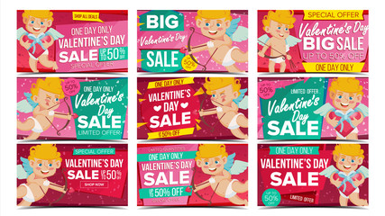 Sticker - Valentine s Day Sale Banner Set Vector. Happy Amour. Holidays Sale Announcement. Design For February 14 Banner, Brochure, Poster, Discount Offer. Best Clearance. Advertising Design Illustration.