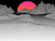 Abstract mesh landscape grey with sphere sun on horizon. Futuristic vector background.