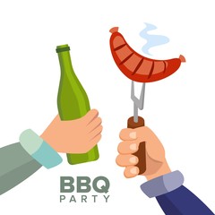 Poster - Barbecue Party Concept Vector. Cooked Hot Sausage. Hand Holding A Bottle Of Beer. Invitation Card. BBQ Grill Picnic. Isolated Flat Cartoon Illustration