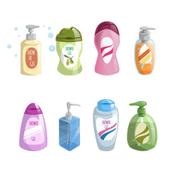 Cartoon trendy design different color bath and cosmetic bottles icons set. Shower gel and liquid soap vector illustrations.