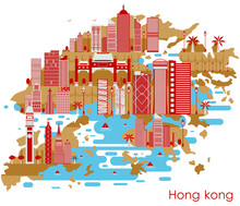 Map Of Country Hong Kong With Building And Famous Monument