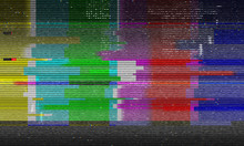 Abstract Illustration Of Distorted Tv Test Color Bars. Glitch Effect Background. Conceptual Image Of Vhs Dead Pixels.